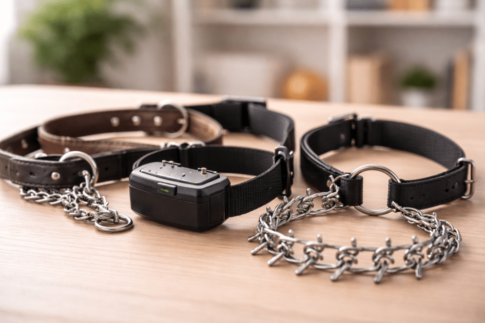 Différents types de colliers pour chiens posés sur une table, dont un collier électrique et un collier étrangleur, dans un environnement neutre et informatif.