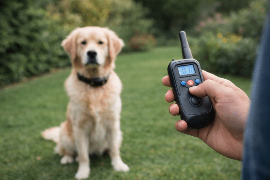 Propriétaire tenant une télécommande de collier éducatif pendant qu’un chien est assis calmement dans un jardin, dans un contexte d’entraînement contrôlé.