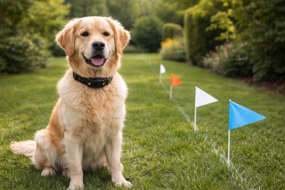 Chien portant un collier anti-fugue assis près d’une limite de jardin marquée par de petits fanions, dans un environnement extérieur calme et sécurisé.