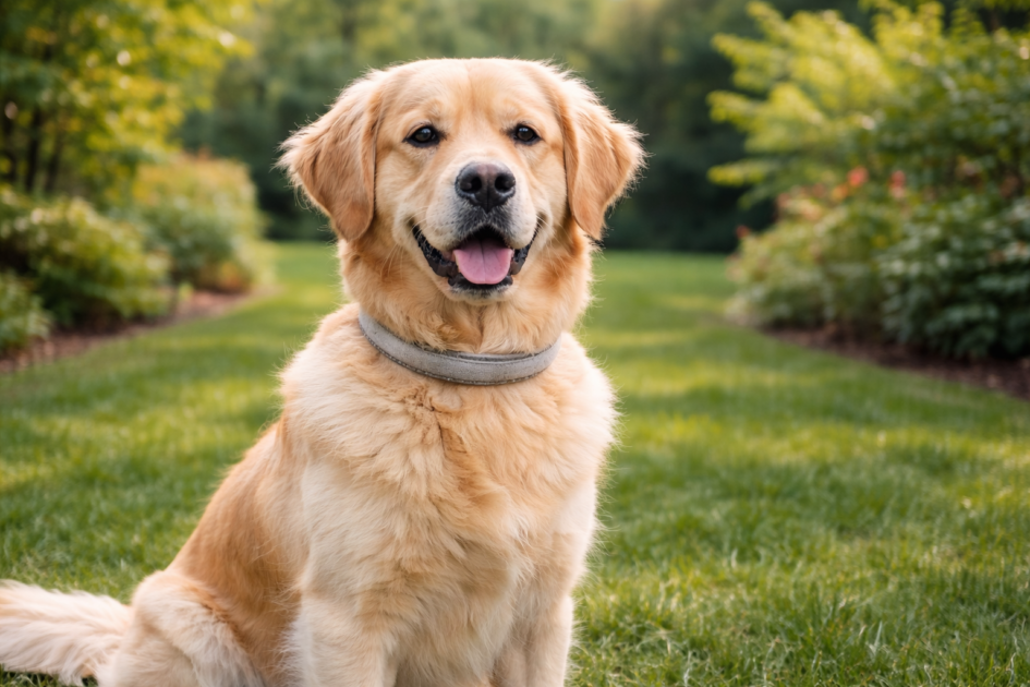 Chien portant un collier antiparasitaire dans un jardin verdoyant, avec un pelage sain et un environnement extérieur naturel.