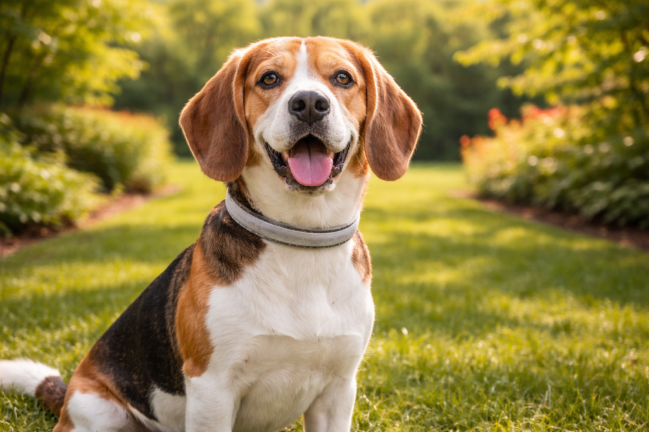 Chien portant un collier antiparasitaire de type Seresto dans un jardin ensoleillé, avec un pelage sain et un environnement naturel.