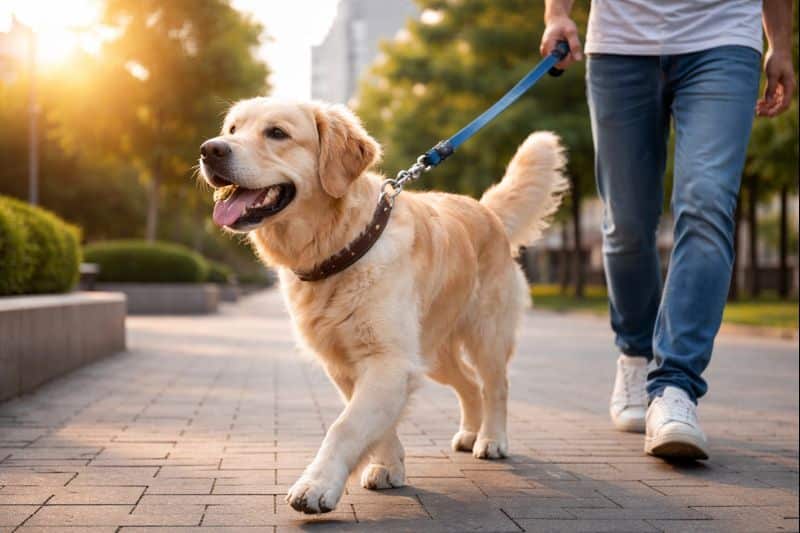 Chien en promenade tirant légèrement sur sa laisse avec un collier visible, tenu par son propriétaire dans un environnement urbain calme.