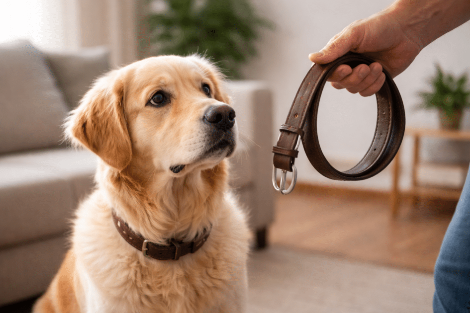Chien assis regardant son propriétaire avec méfiance pendant que celui-ci tient un collier dans la main, dans un environnement intérieur calme.