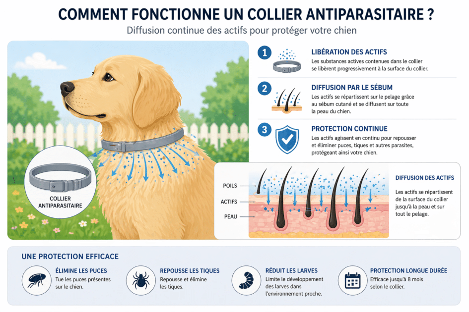 Collier antiparasitaire posé près d'un chien dans un jardin.