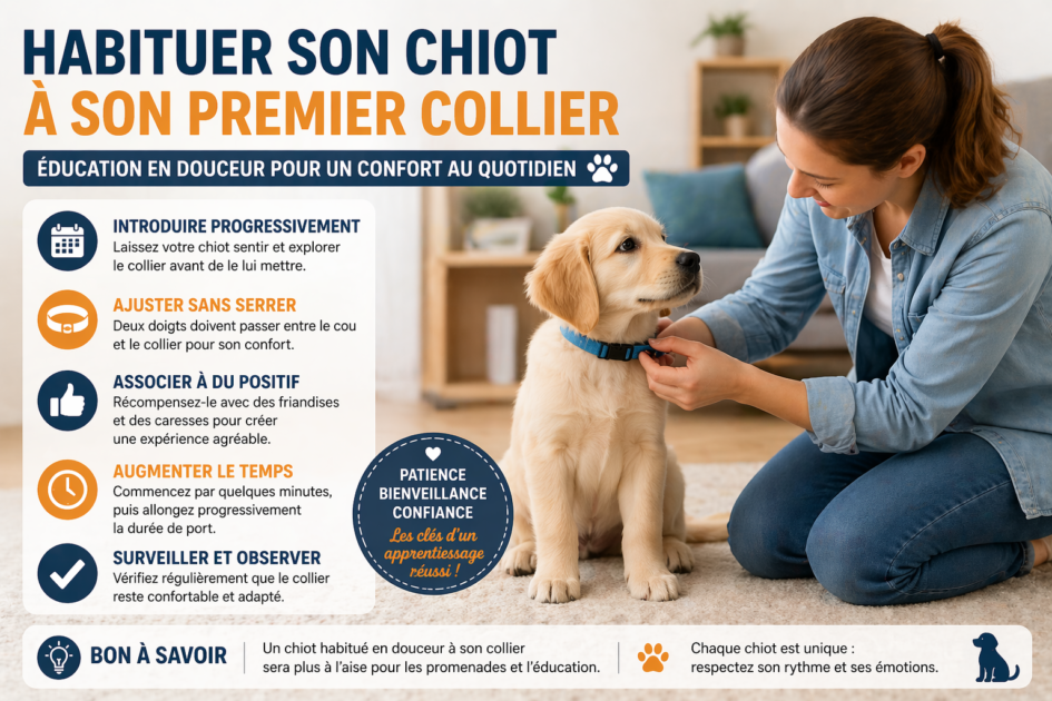 Chiot découvrant son premier collier pendant un moment d'apprentissage.