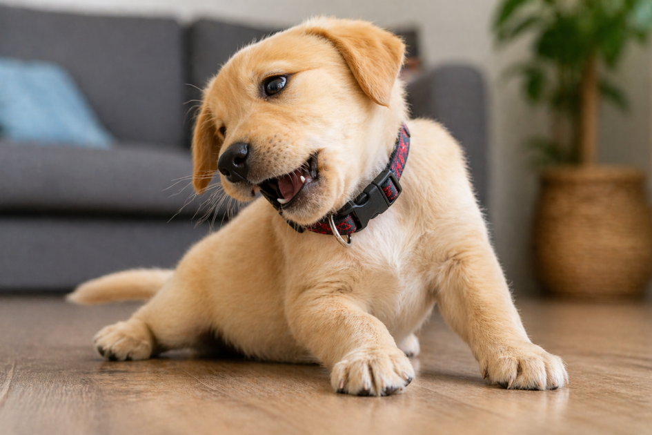 Chiot qui tente d'attraper son collier avec sa gueule